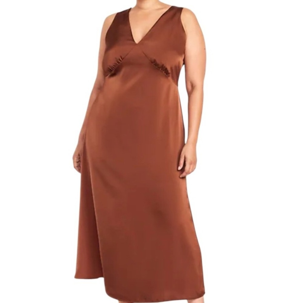 Old Navy Womens Brown Satin V Neck Maxi Dress 3X Tie Back Sleeveless Minimalist